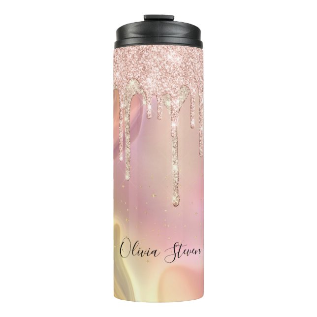 Chic blush rose unicorn dripping glitter monogram thermal tumbler (Front)
