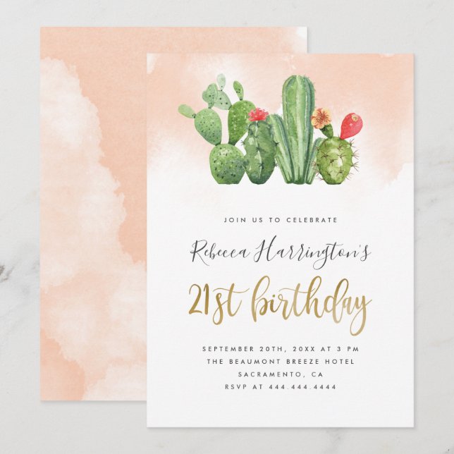 Chic Blush Watercolor & Cactus 21st Birthday Invitation (Front/Back)