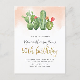 Chic Blush Watercolor & Cactus 50th Birthday Invitation Postcard