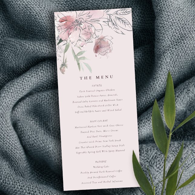 Chic Blush Watercolor Floral Wedding Menu Card (Creator Uploaded)