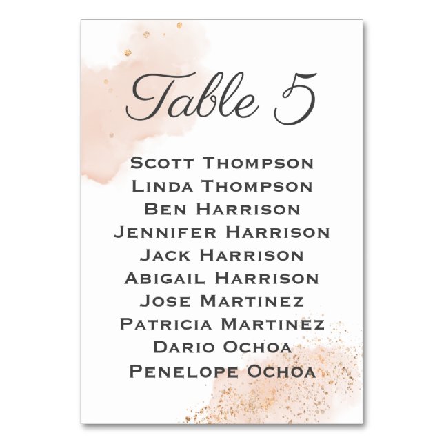 Chic Blush Watercolor Gold Splatters Seating Chart Table Number (Front)