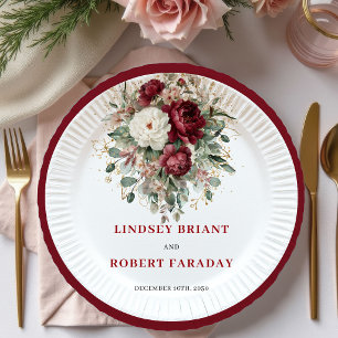 Chic Bohemian Burgundy Flowers Gold Wedding Plates