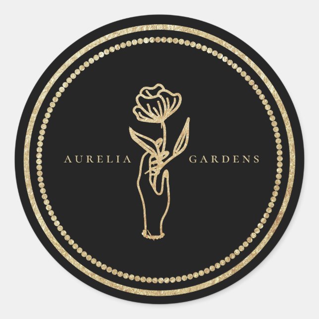 Chic Bohemian Golden Floral Logo Classic Round Sticker (Front)