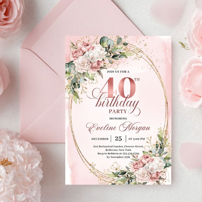 Chic Bohemian Rose Gold Floral 40th Birthday Invitation (Chic Bohemian Rose Gold Floral 40th Birthday Invitation)