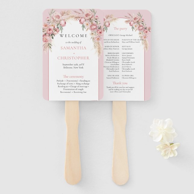 Chic Boho arch blush peonies pampas grass program Hand Fan (Front and Back)
