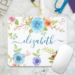 Chic boho blue floral watercolor monogram script mouse pad<br><div class="desc">Turquoise blue, red and orange watercolor flowers and navy blue script typography overlay a white background on this beautiful, rustic, romantic, vintage floral custom name mousepad. Add your name to personalize. Makes a chic and stylish statement every time you use it. A great gift for a friend, as well as...</div>