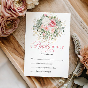Chic Boho Blush Floral Minimal Gold Wedding RSVP Card