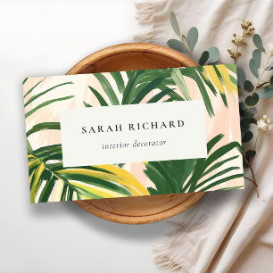 Chic Boho Blush Green Tropical Palm Leaves Beach Business Card