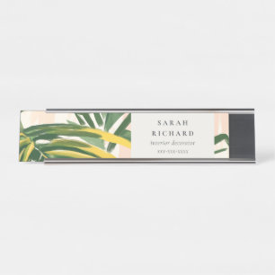Chic Boho Blush Green Tropical Palm Leaves Beach Desk Name Plate