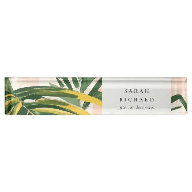 Chic Boho Blush Green Tropical Palm Leaves Beach Nameplate (Front)