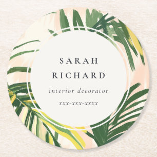 Chic Boho Blush Green Tropical Palm Leaves Beach Round Paper Coaster