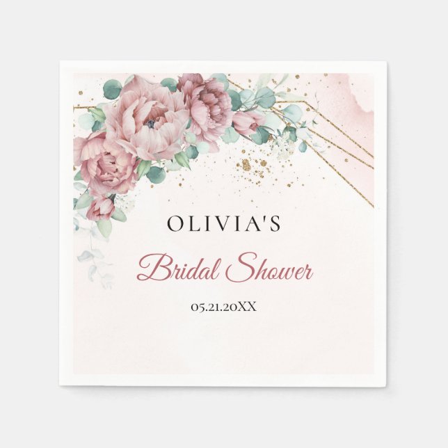 Chic boho blush peonies eucalyptus bridal shower napkin (Front)