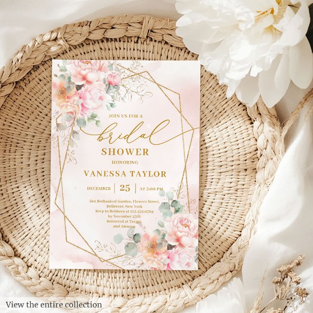 Chic Boho Blush Pink Watercolor Gold Bridal Shower Invitation (Chic Boho Blush Pink Watercolor Gold Bridal Shower Card)