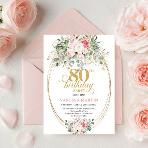 Chic Boho Blush Roses 80th Birthday Invitation