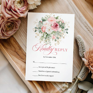 Chic Boho Blush Roses Greenery Gold Wedding RSVP Card