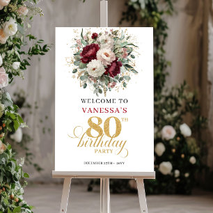 Chic Boho Burgundy Floral 80th Birthday Welcome Poster