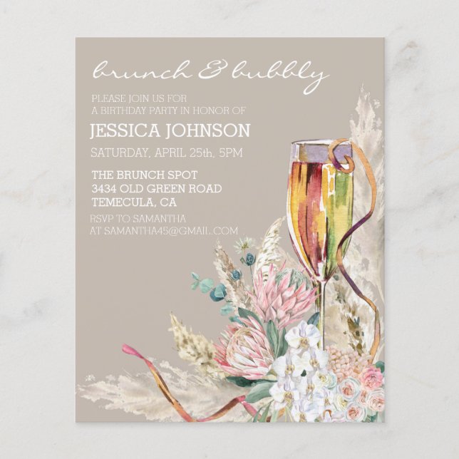 Chic Boho Champagne Brunch Bubbly Birthday Party  (Front)
