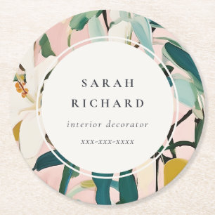 Chic Boho Colorful Pink Teal Green Painted Floral Round Paper Coaster