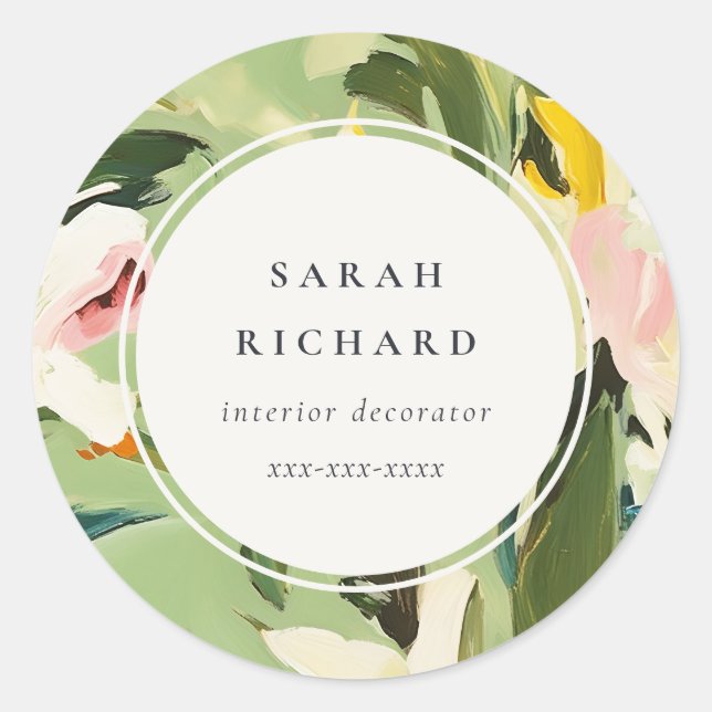 Chic Boho Colourful Green Pink Painted Floral Classic Round Sticker (Front)