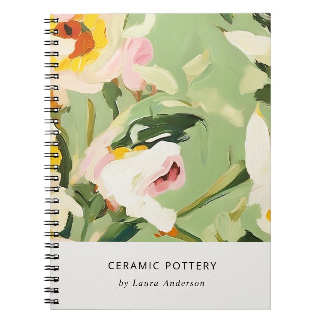 Chic Boho Colourful Green Pink Painted Floral Notebook (Front)