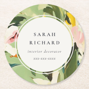 Chic Boho Colourful Green Pink Painted Floral Round Paper Coaster