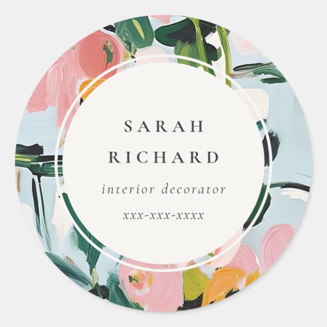 Chic Boho Colourful Pink Blue Green Painted Floral Classic Round Sticker (Front)