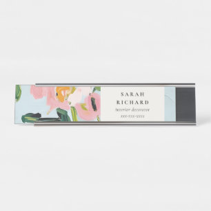 Chic Boho Colourful Pink Blue Green Painted Floral Desk Name Plate