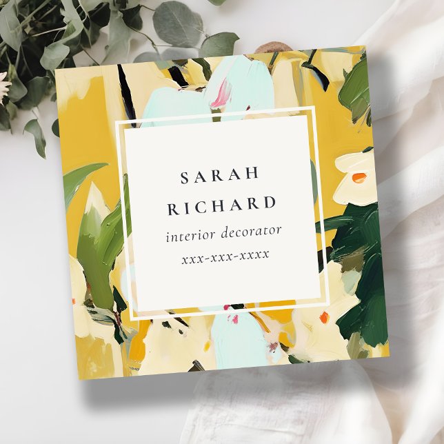 Chic Boho Colourful Yellow Ochre Painted Floral Square Business Card (Creator Uploaded)