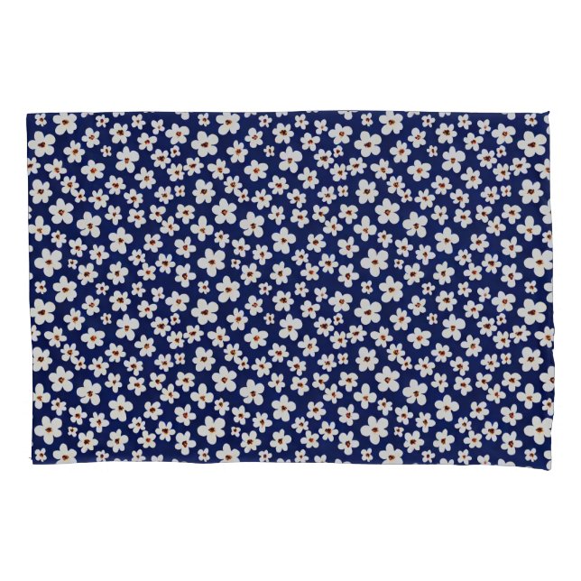 Chic Boho Daisies Dark Blue Pattern Pillowcase (Front)