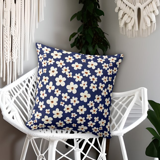 Chic Boho Daisies Dark Blue Pattern Throw Pillow (Creator Uploaded)