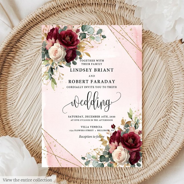 Chic Boho Deep Red Gold White Flowers Wedding  Invitation (Chic Boho Deep Red Gold White Flowers Wedding Invitation)