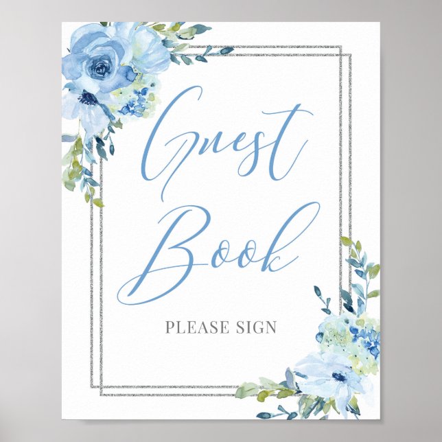Chic Boho dusty blue floral silver guest book sign (Front)