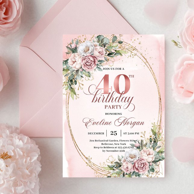 Chic Boho Dusty Pink Floral 40th Birthday Invite (Chic Boho Dusty Pink Floral 40th Birthday Invitation)