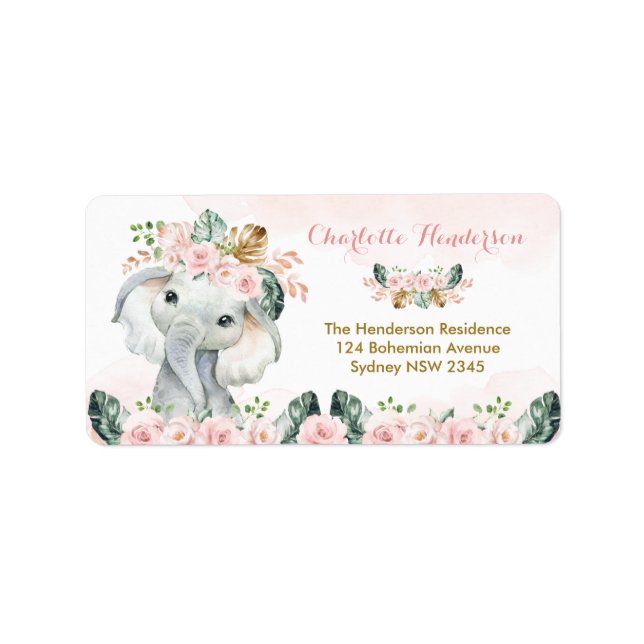 Chic Boho Elephant Blush Floral Return Address Label (Front)