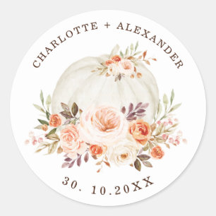 Chic Boho Fall Floral White Pumpkin Wedding Party Classic Round Sticker