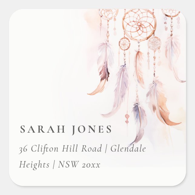 Chic Boho Feather Dreamcatcher Watercolor Address Square Sticker (Front)