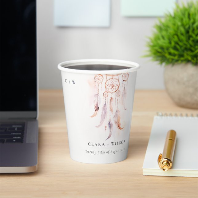 Chic Boho Feather Dreamcatcher Watercolor Wedding Paper Cups (Insitu)