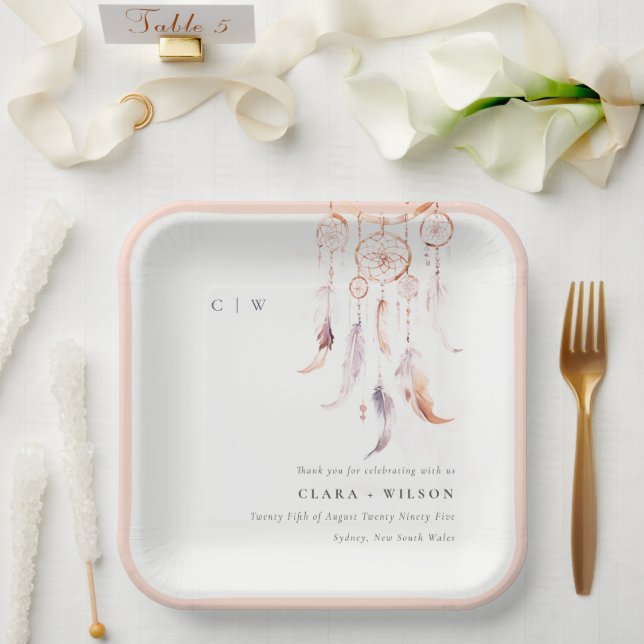 Chic Boho Feather Dreamcatcher Watercolor Wedding Paper Plate (Wedding)