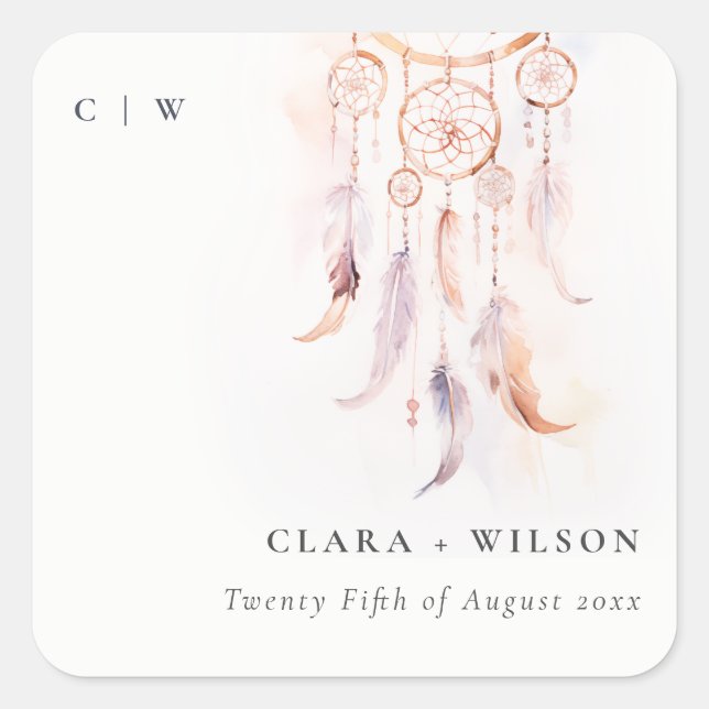 Chic Boho Feather Dreamcatcher Watercolor Wedding Square Sticker (Front)