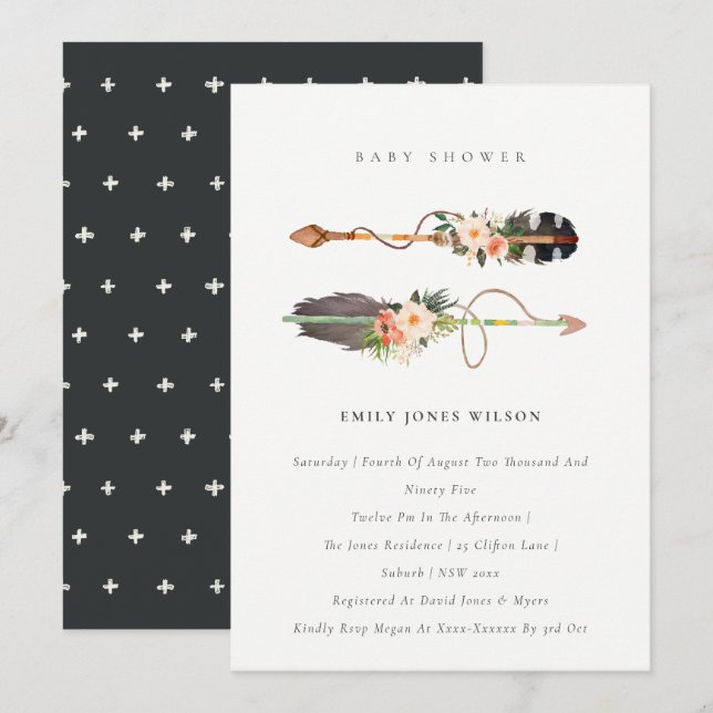 Chic Boho Feather Floral Arrow Baby Shower Invite (Front/Back)