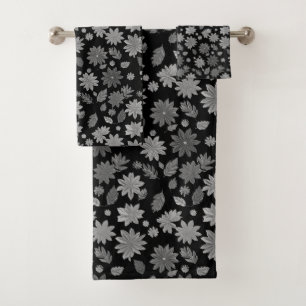 Chic Boho Fleurs et Feuilles Grises sur Fond Noir