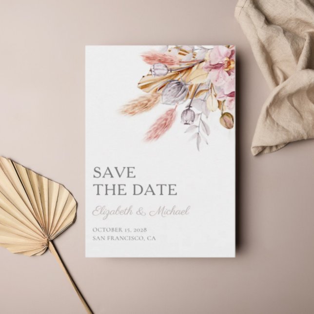 Chic Boho Floral Pampas Grass Save the Date Invitation (Creator Uploaded)