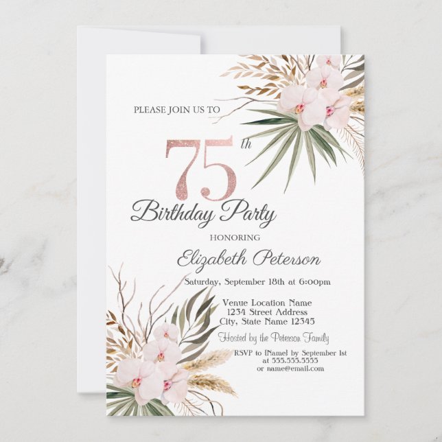 Chic Boho Flowers 75th Birthday Invitation (Front)