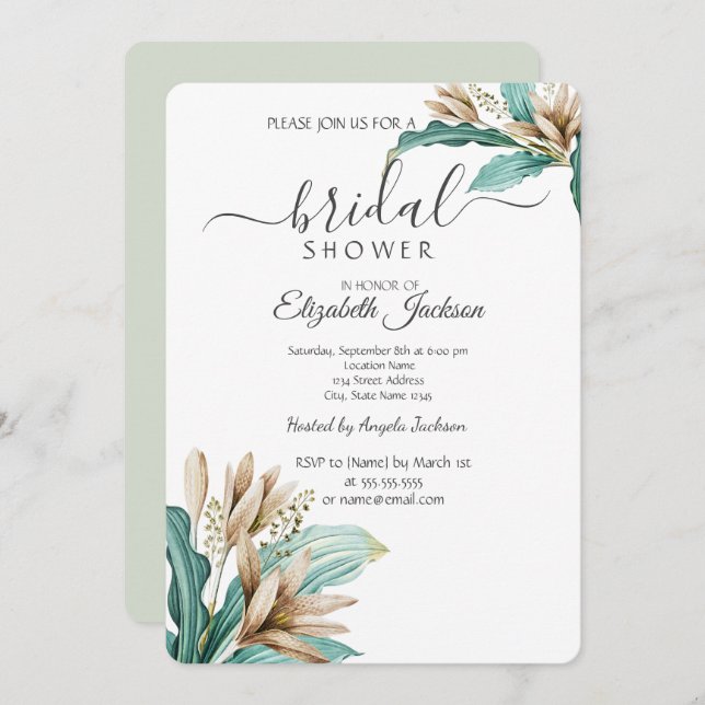 Chic Boho Flowers Leaves Bridal Shower  Invitation (Front/Back)