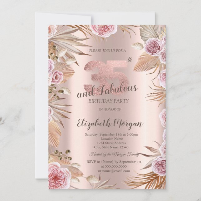 Chic Boho Flowers Rose Gold 35th Birthday  Invitation (Front)