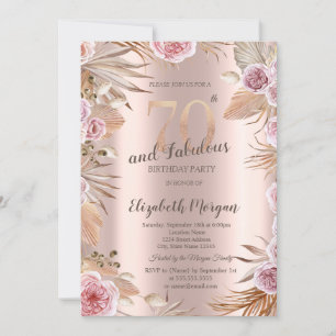 Chic Boho Flowers Rose Gold 70th Birthday  Invitation