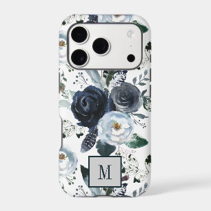 Chic Boho Leaves and Blue flowers monogram
