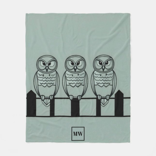 Chic boho minimalist owls on fence monogram fleece blanket (Front)