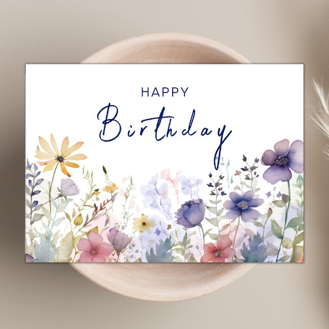 Chic Boho Navy Wildflower Theme Happy Birthday Card (Creator Uploaded)