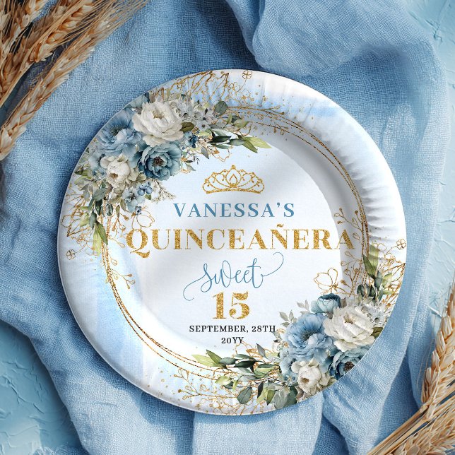 Chic Boho Pastel Blue Floral Greenery Gold Glitter Paper Plate (Boho Pastel Blue Floral Greenery Gold Glitter Plates)